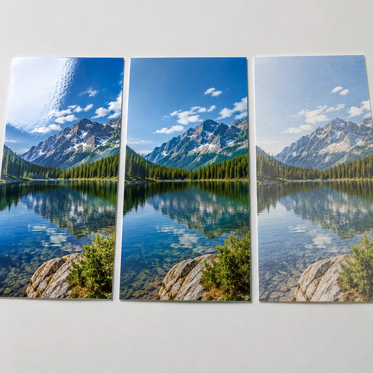 Printed image samples on glossy, matte and uncoated paper surfaces