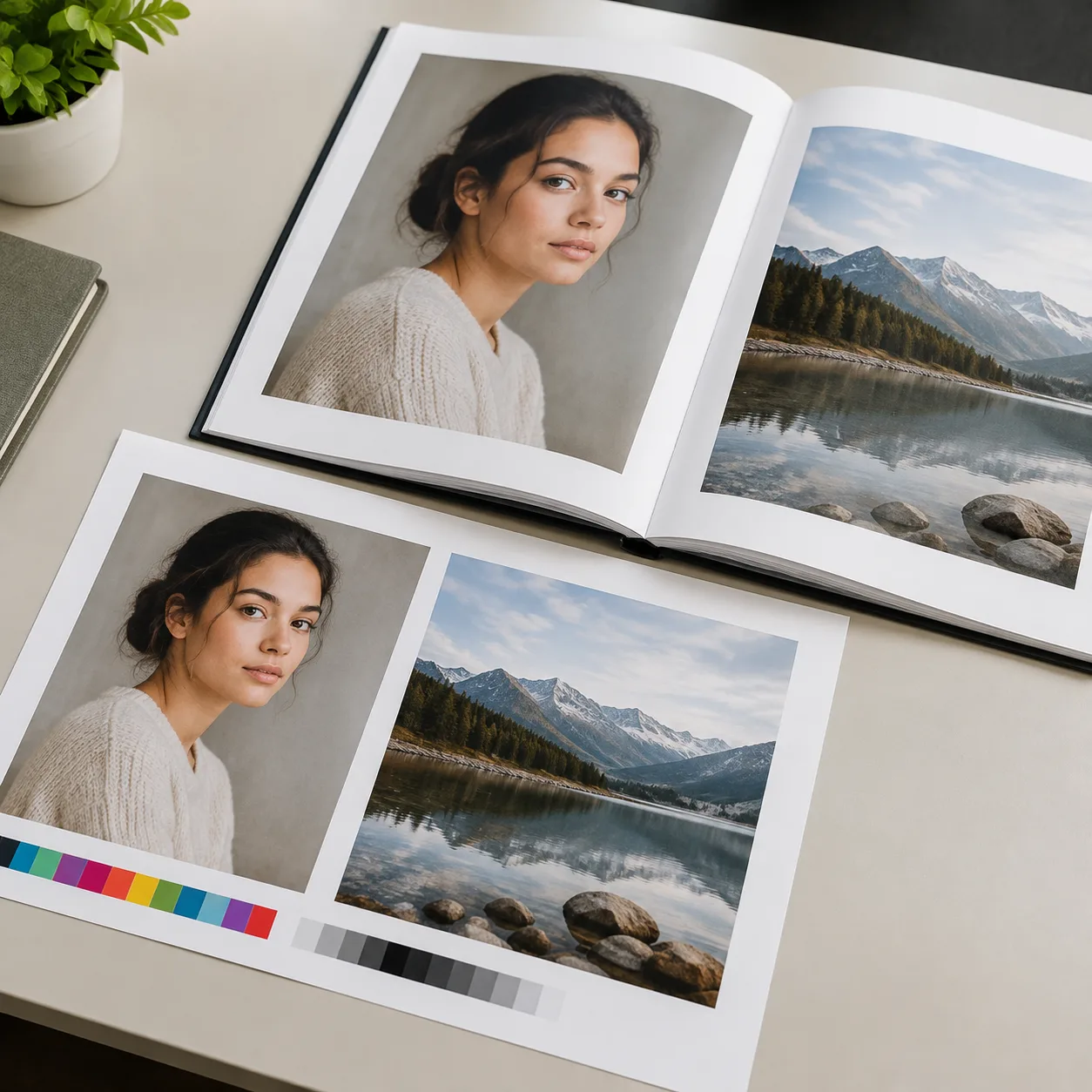 Physical photo book color proof being compared with printed page layouts