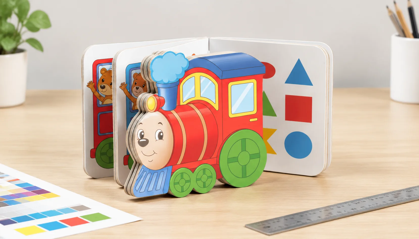 Custom shaped train board book displayed open for print specification review