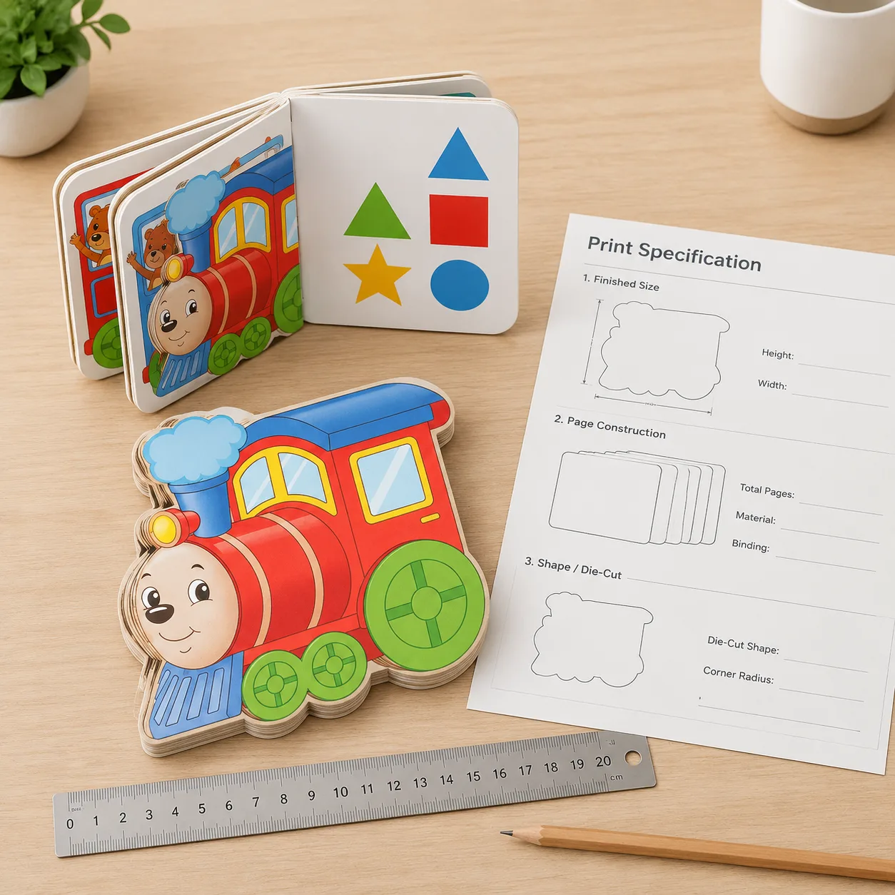Shaped board book beside a ruler and specification sheet