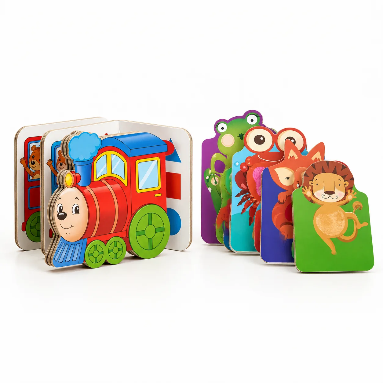 Examples of train-shaped and animal-shaped board books