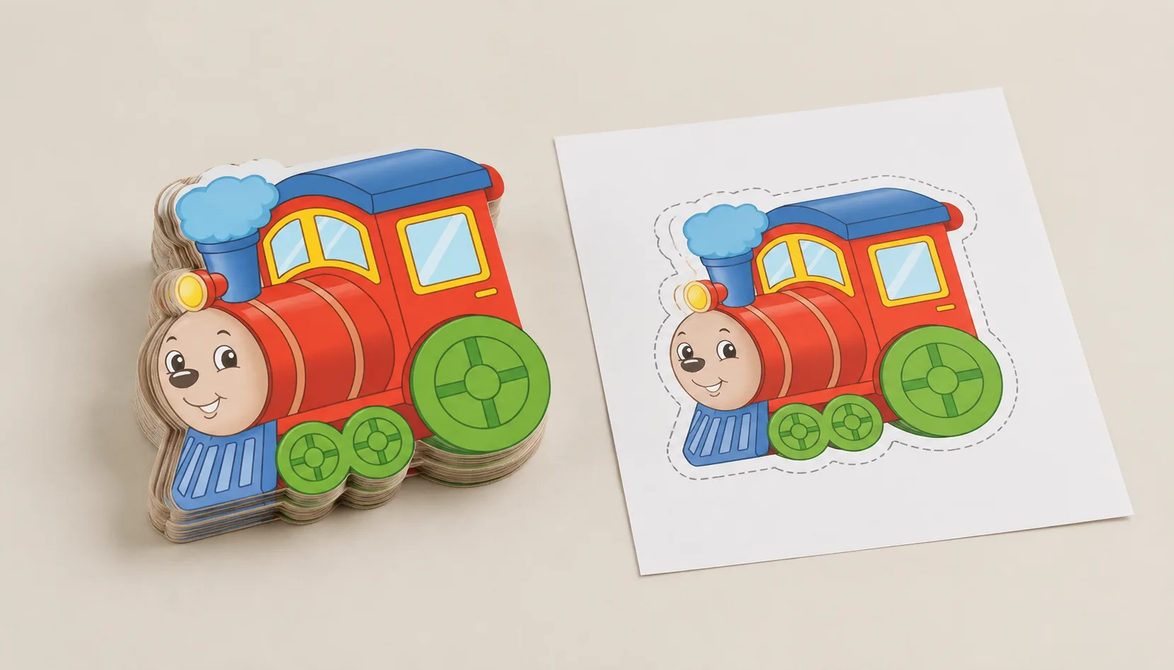 Die-cut train-shaped board book beside a printed page mockup showing its proposed outline
