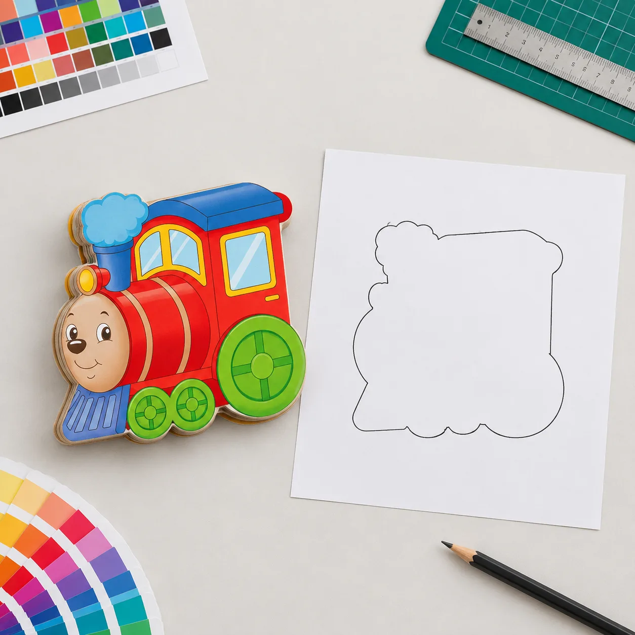 Train-shaped board book next to an illustrative outline used to review the cut shape