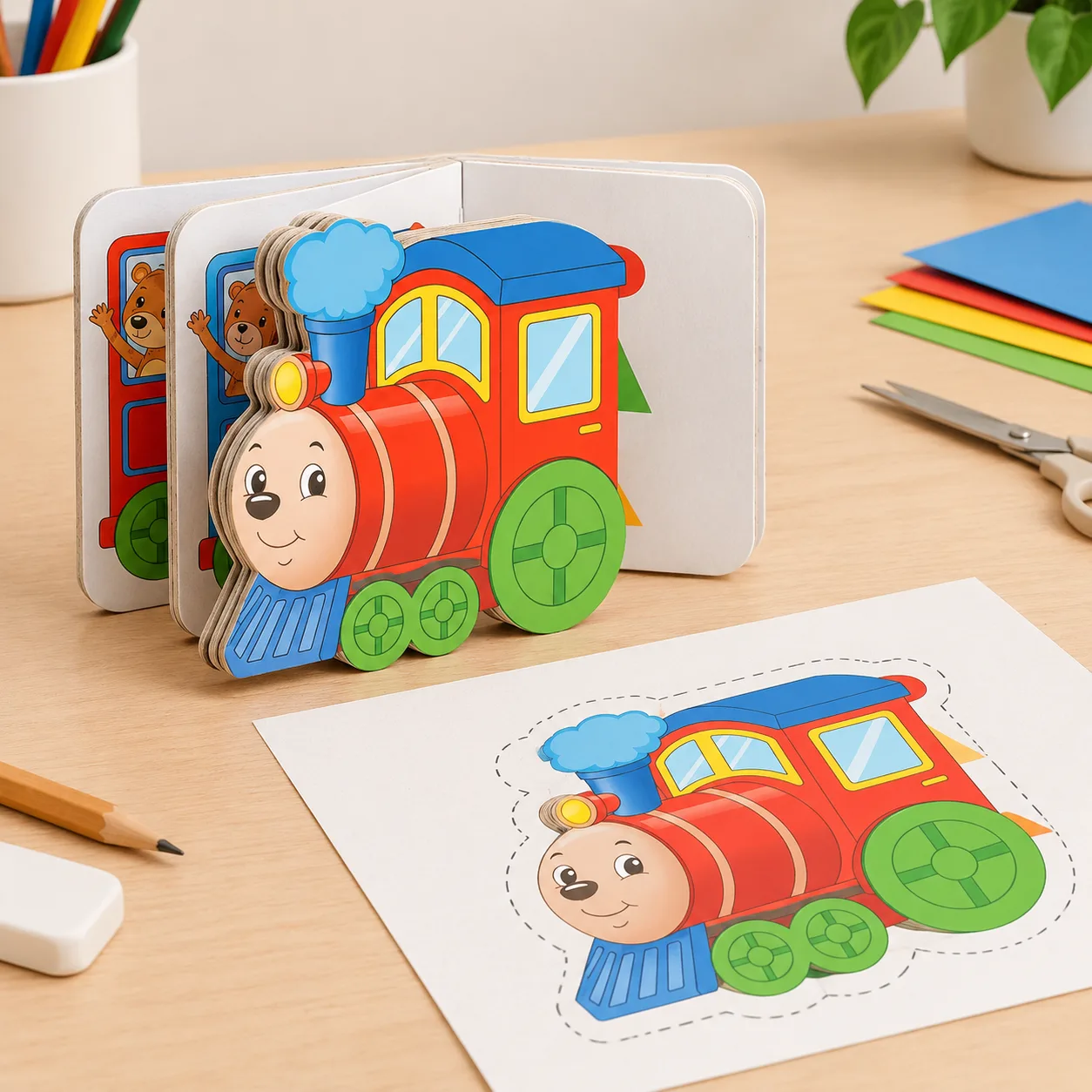 Train-shaped board book with an illustrative artwork mockup showing extension beyond a cut guide