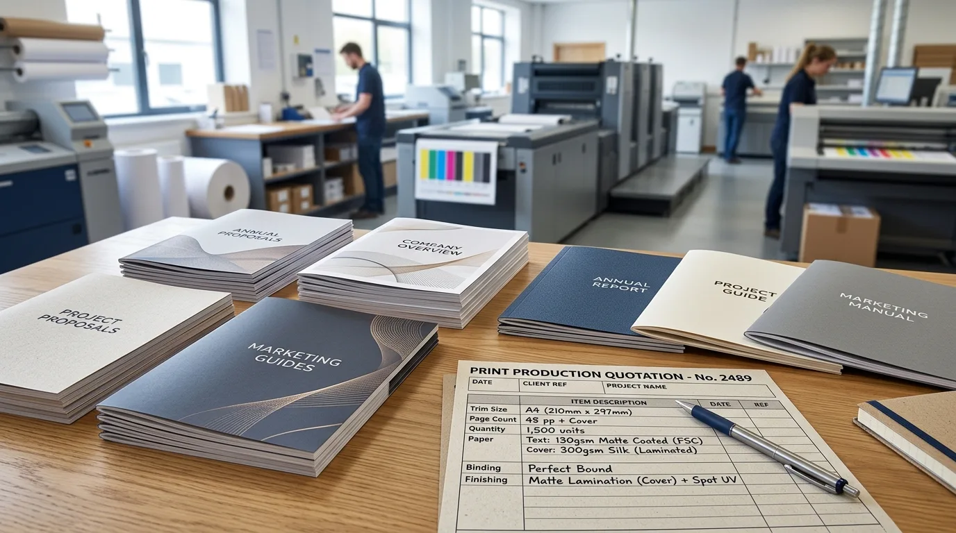 Custom printed booklets and a cost estimation worksheet on a printing desk
