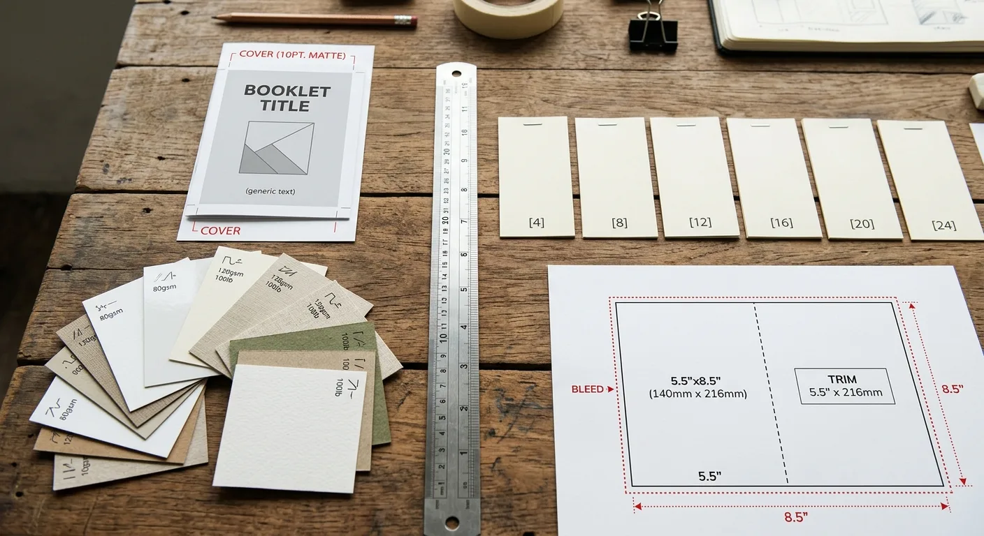 Paper samples and measurement tools used to plan booklet specifications