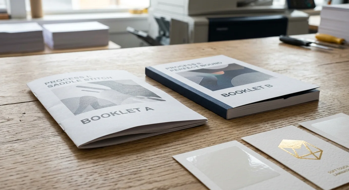 Saddle-stitched and perfect-bound booklet samples with finish options