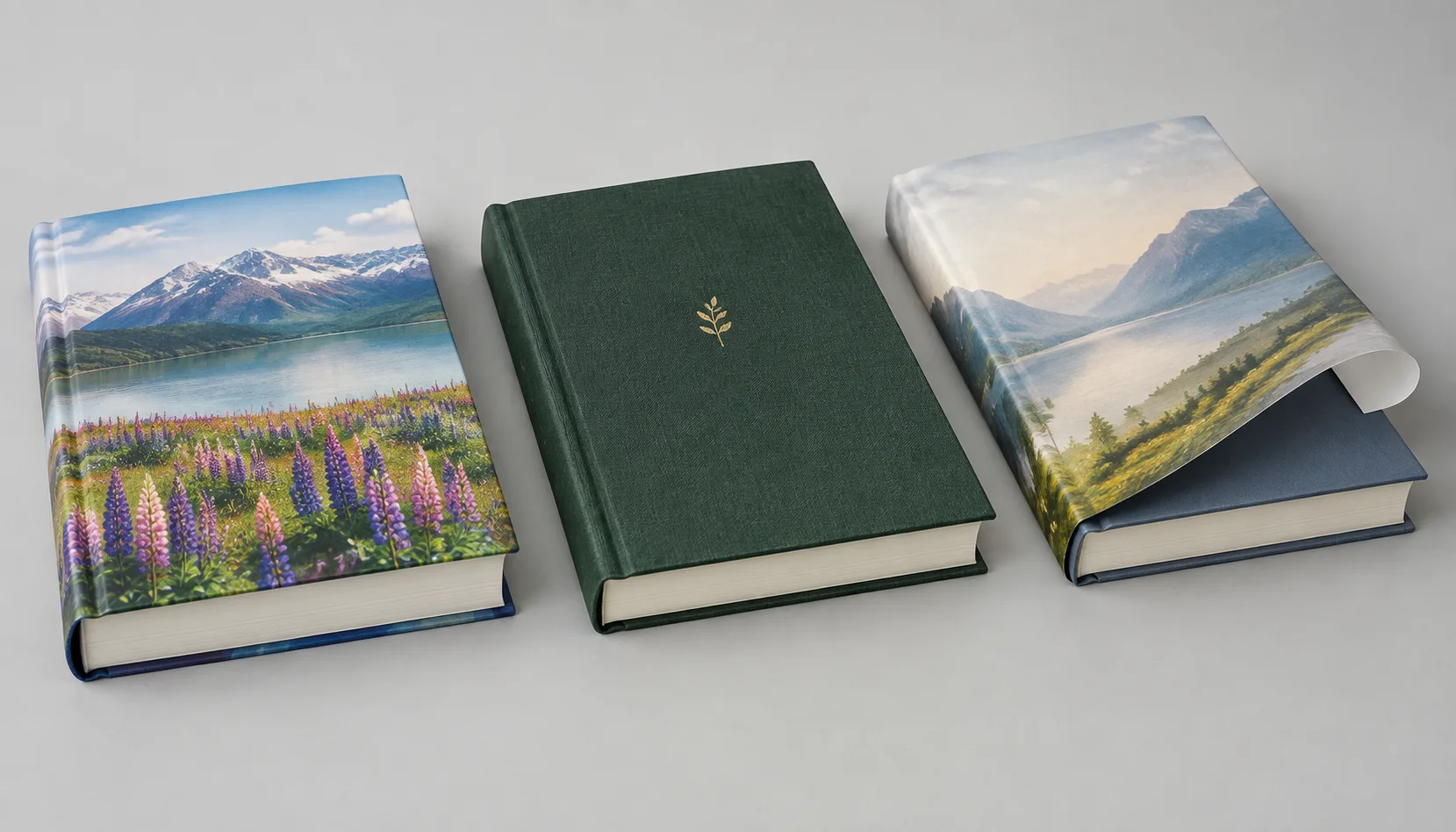 Printed paper, cloth-bound and dust-jacketed hardcover books shown side by side