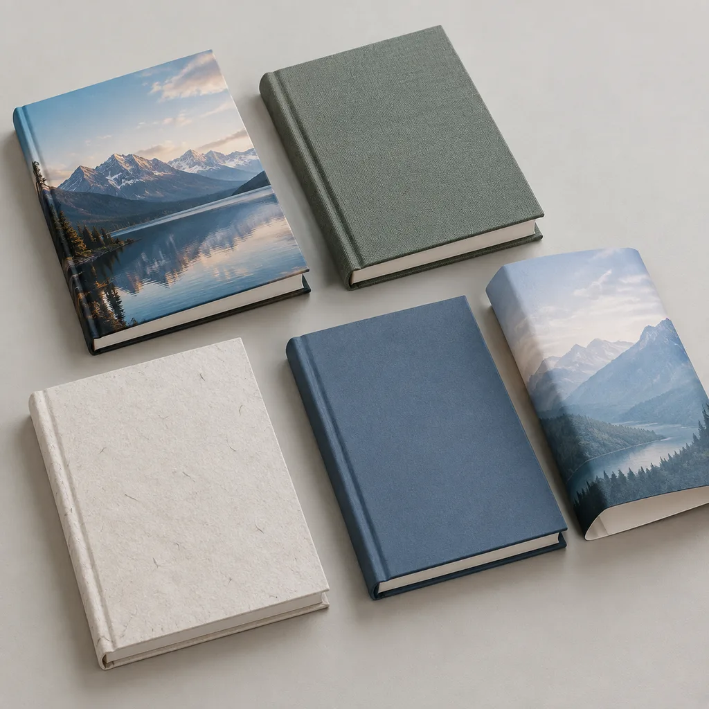 Hardcover samples comparing printed paper, cloth, textured paper and a dust jacket
