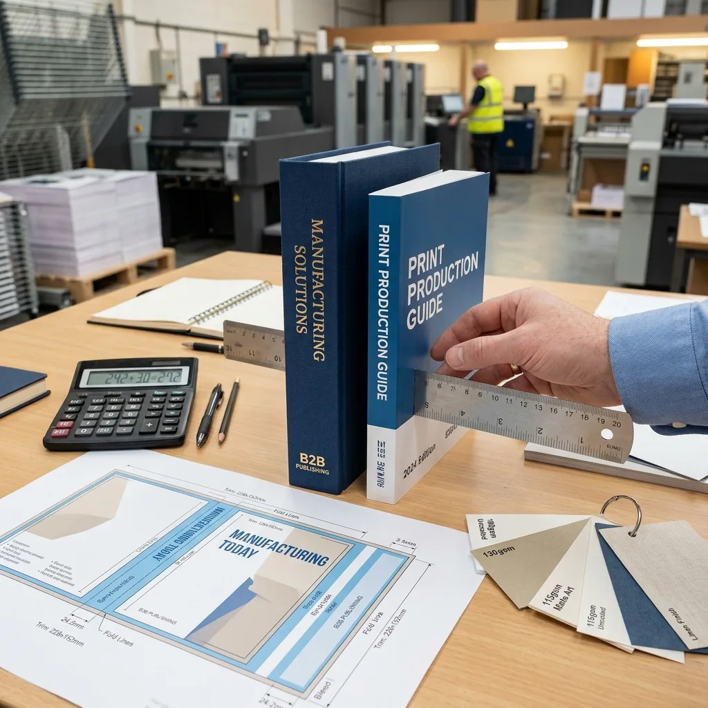 Ruler measuring the spine width of a paperback book beside a hardcover sample and cover layout