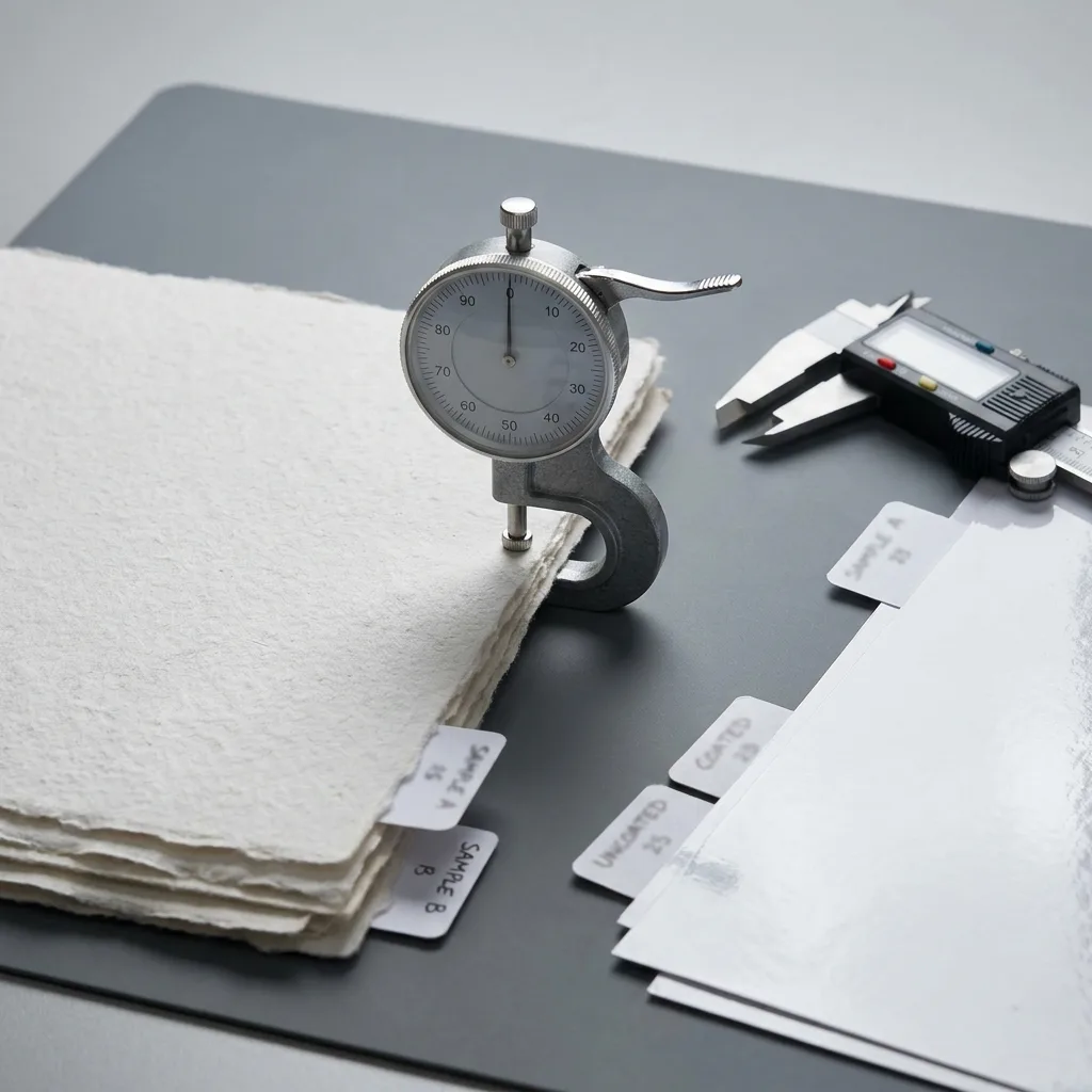 Paper samples and a thickness gauge used to check book paper caliper