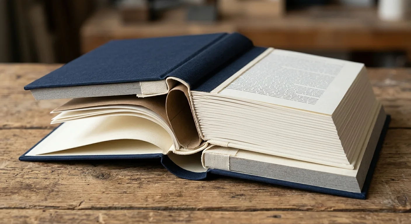 Hardcover book construction showing text block, endpapers, boards, and spine area