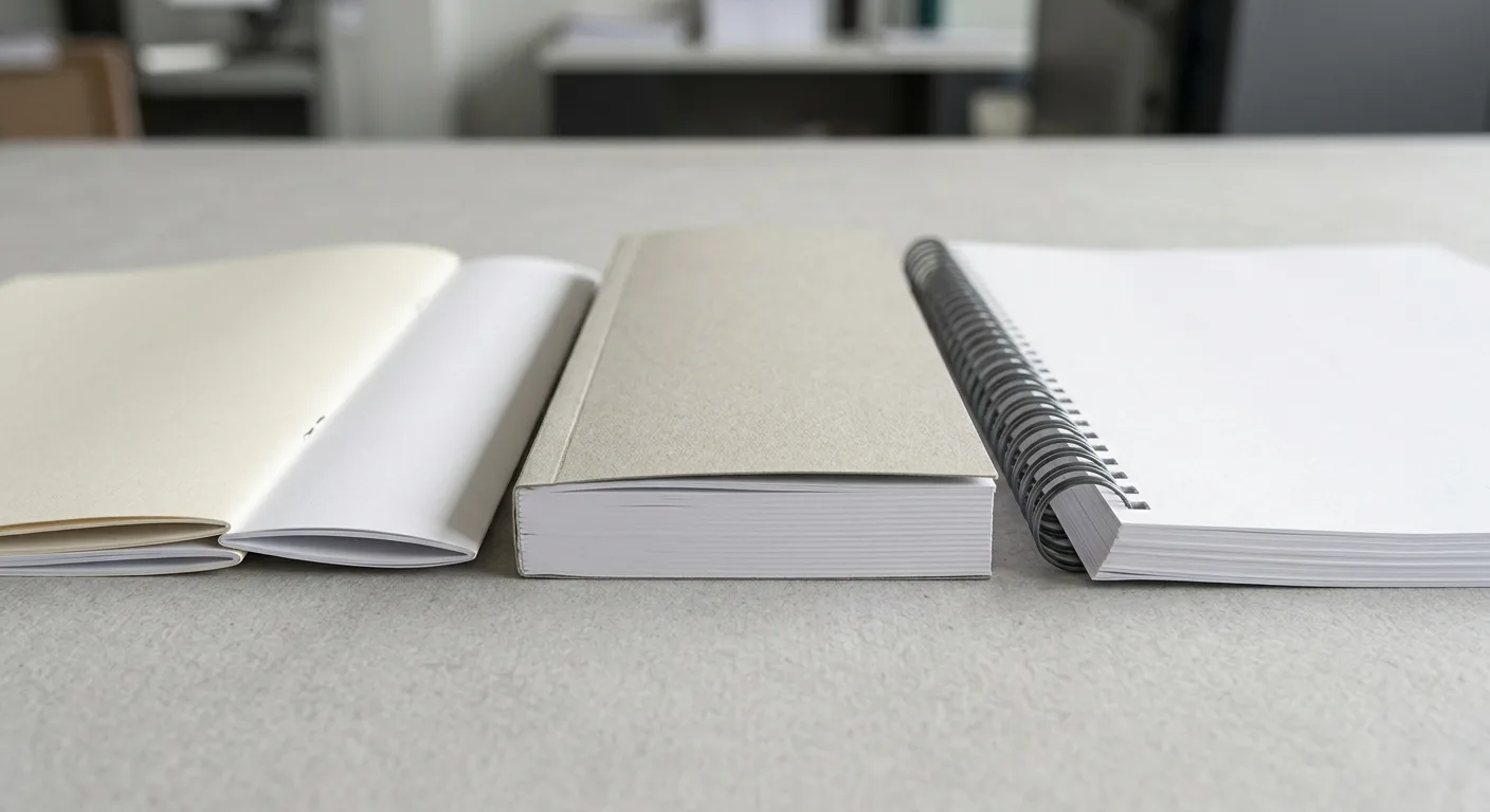 Saddle stitch, perfect bound, and lay-flat booklet samples