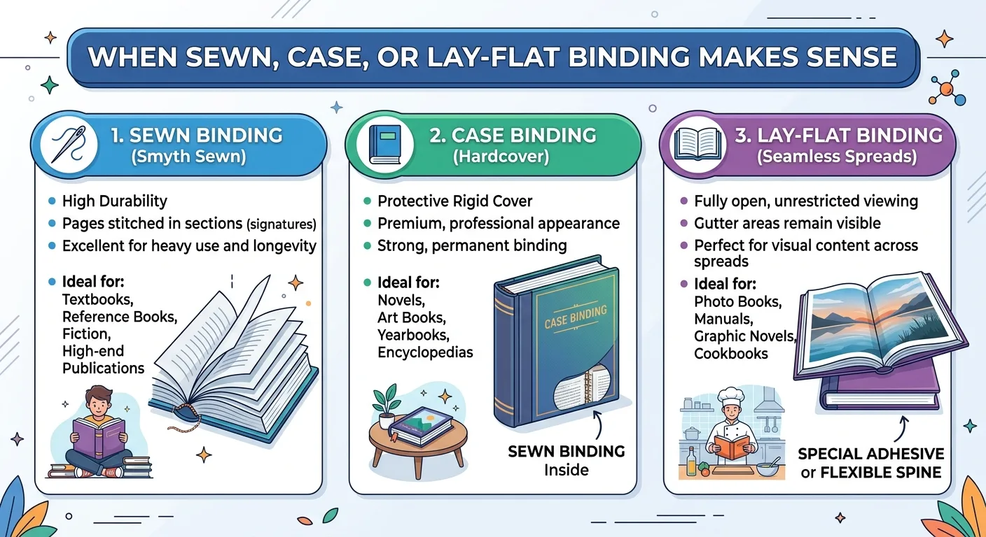 When sewn, case, or lay-flat binding makes sense