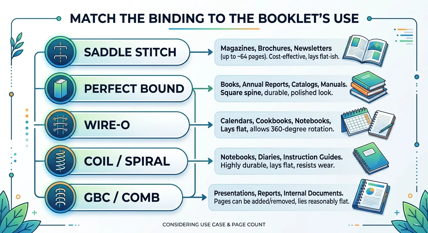 Match the binding to the booklet’s use