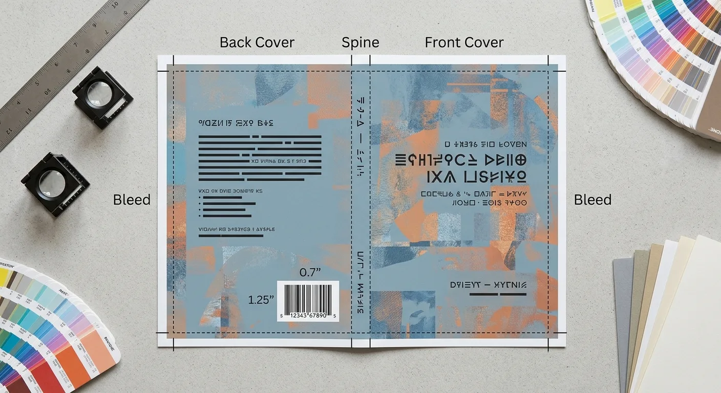 Book cover proof showing barcode clearance from the spine and trim