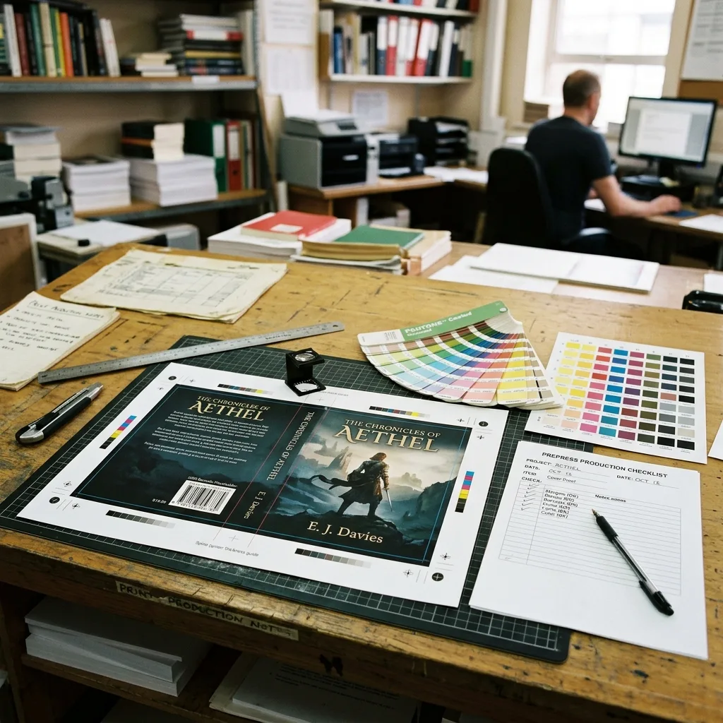 Prepress review of a book cover with ISBN barcode and trim guides