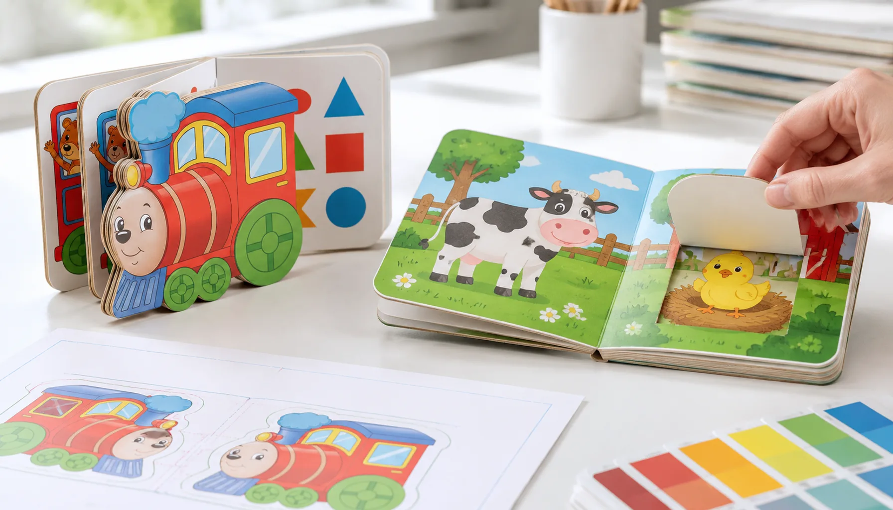 Lift-the-flap board book prototype being reviewed beside a die-cut children's board book