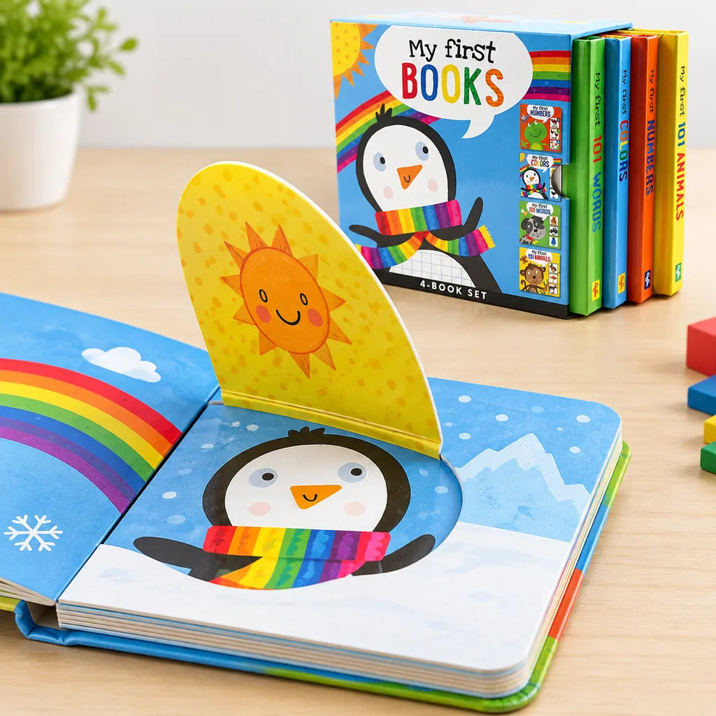 Close view of a board book flap, hinge and concealed printed image