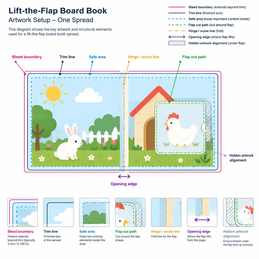 Diagram showing bleed, safe area, cut path and hinge line for flap book artwork