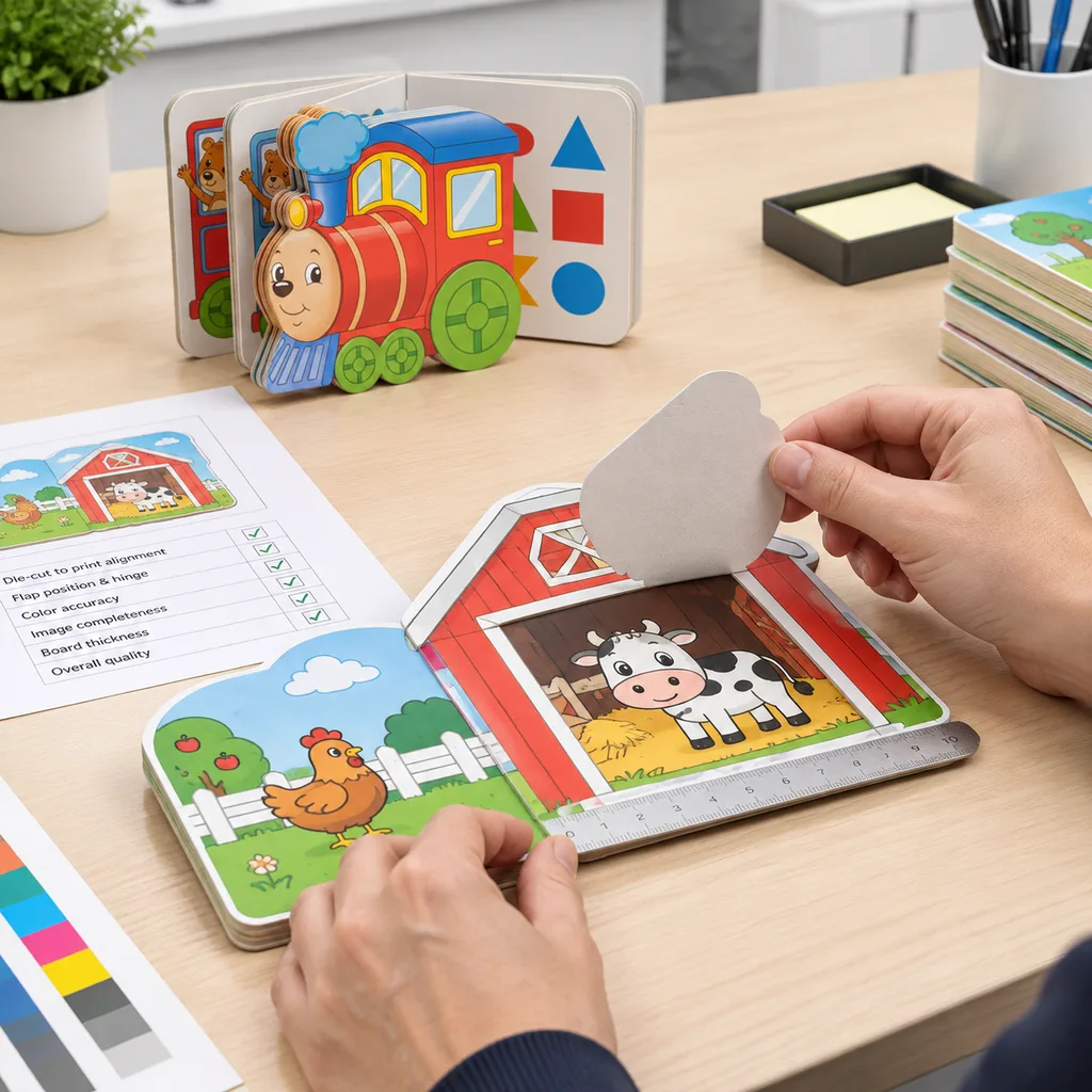Printed lift-the-flap board book proof undergoing alignment and hinge inspection