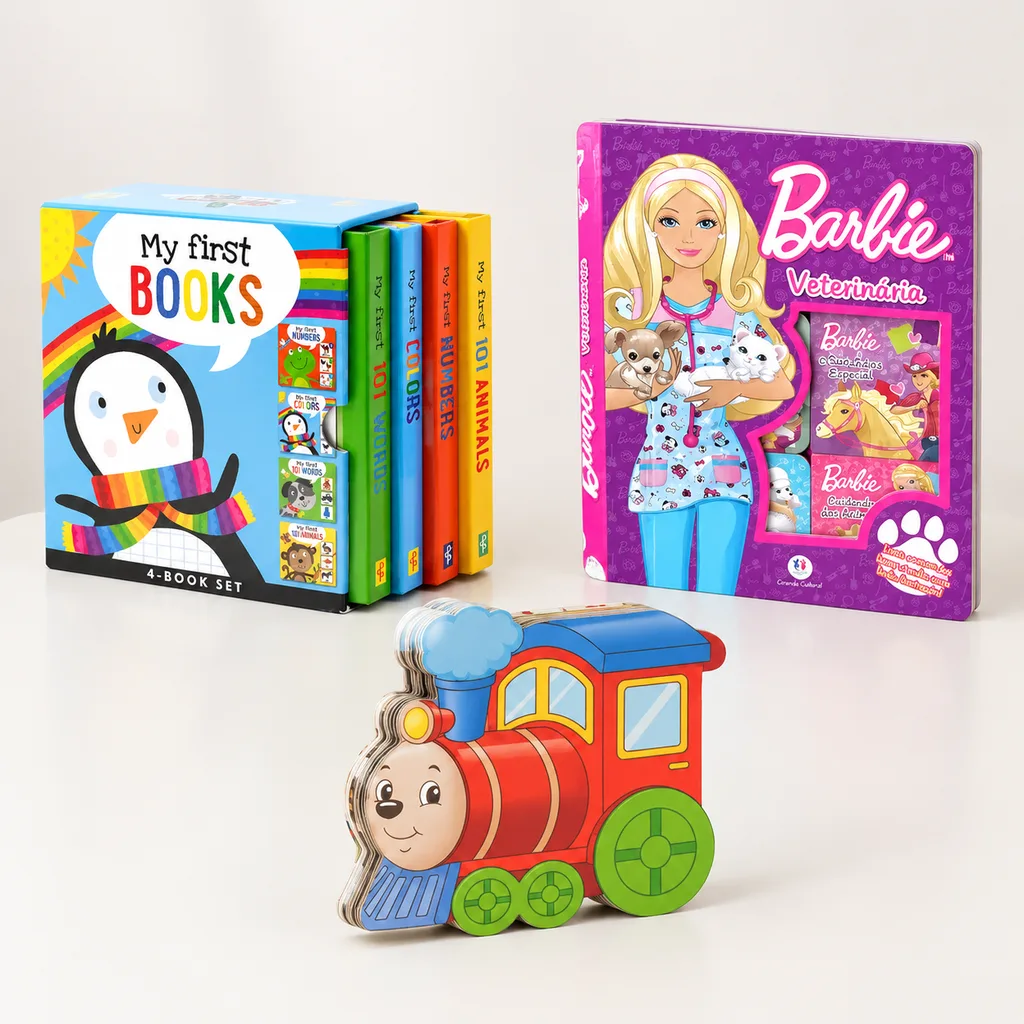 Board book sets and a die-cut shaped board book displayed for format comparison