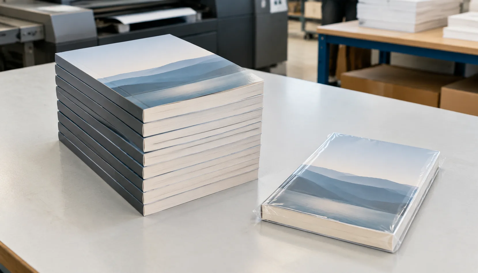 A batch of printed paperbacks beside a single packaged book order