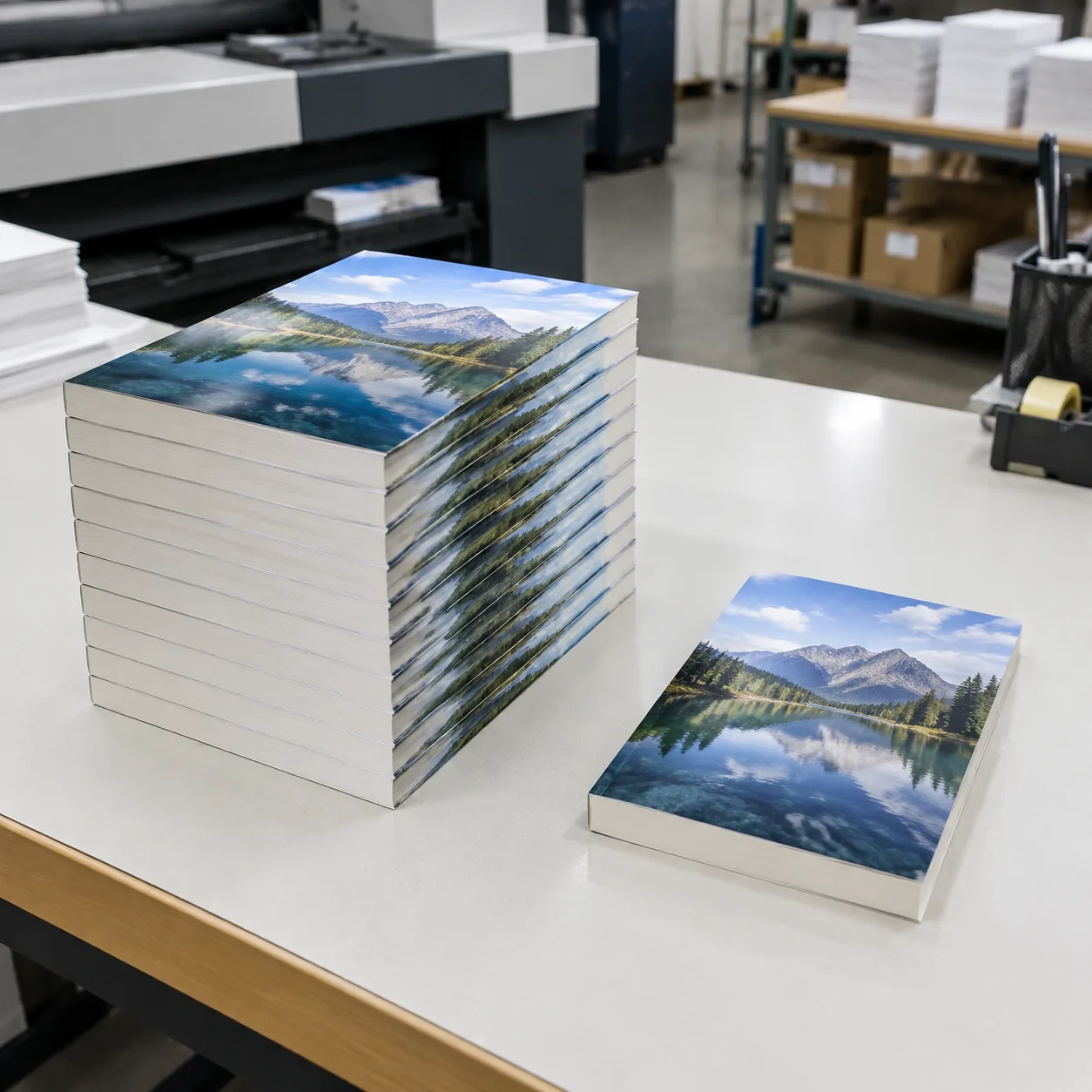 Stacked paperback inventory compared with a single book prepared for fulfillment