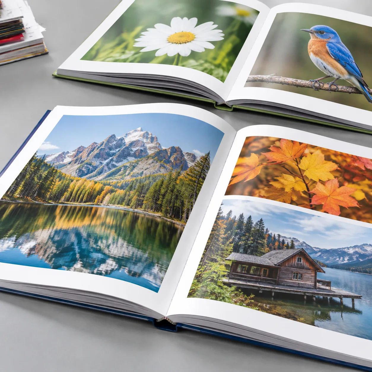 Open book samples being compared for paper, colour and binding