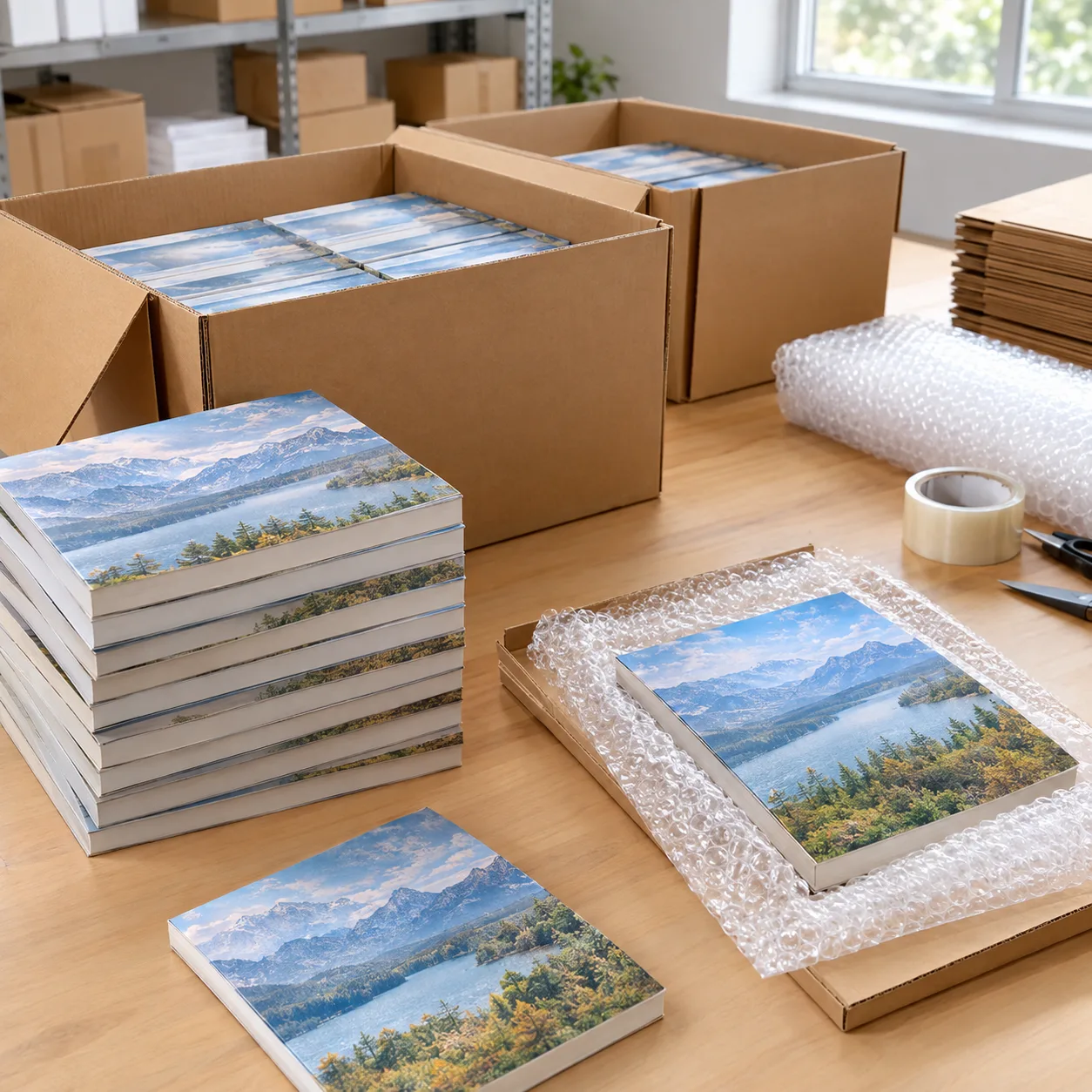 Cartons of book inventory beside materials for packing an individual order