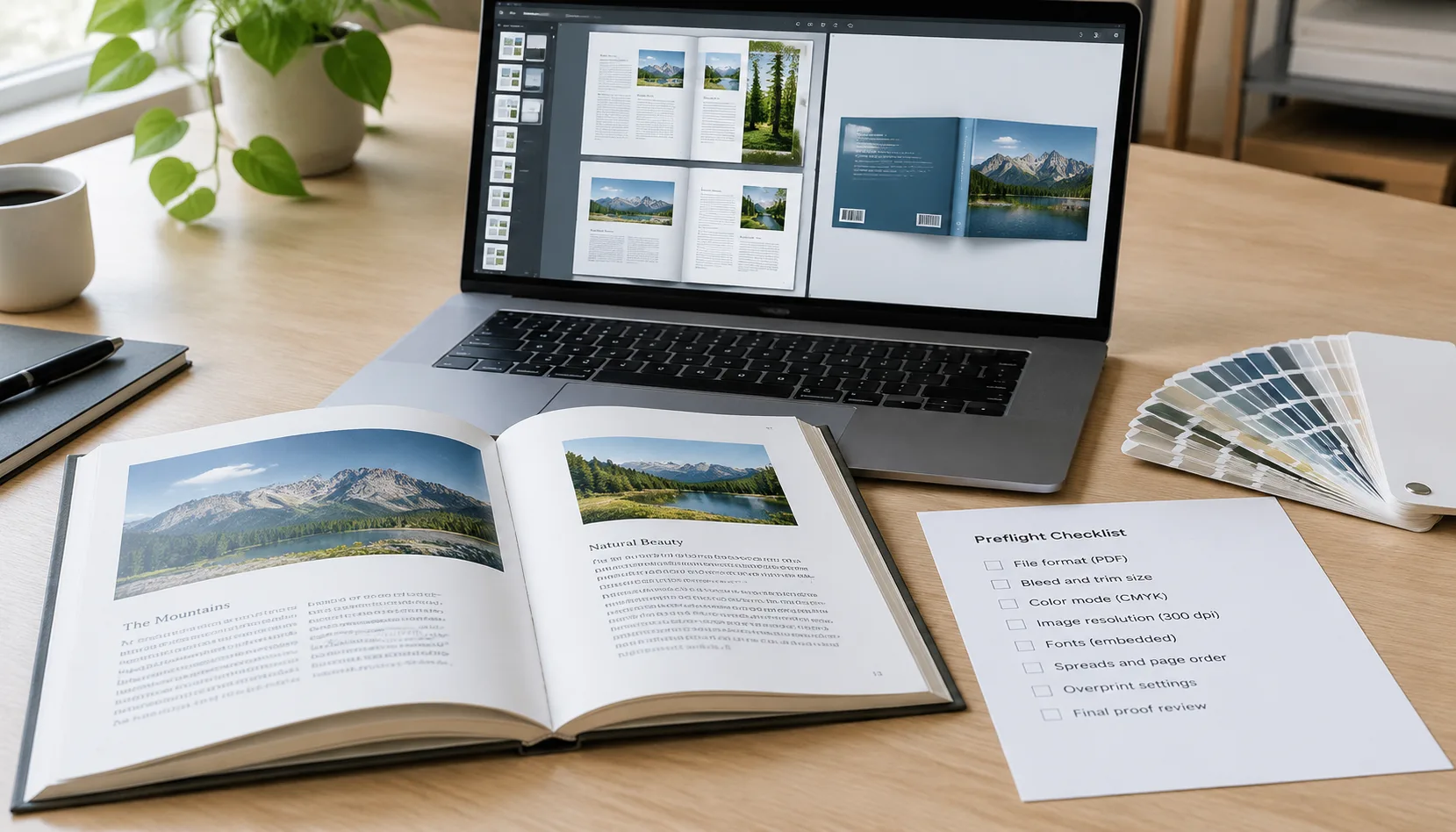 Printed book, cover artwork and interior PDF being checked at a production desk