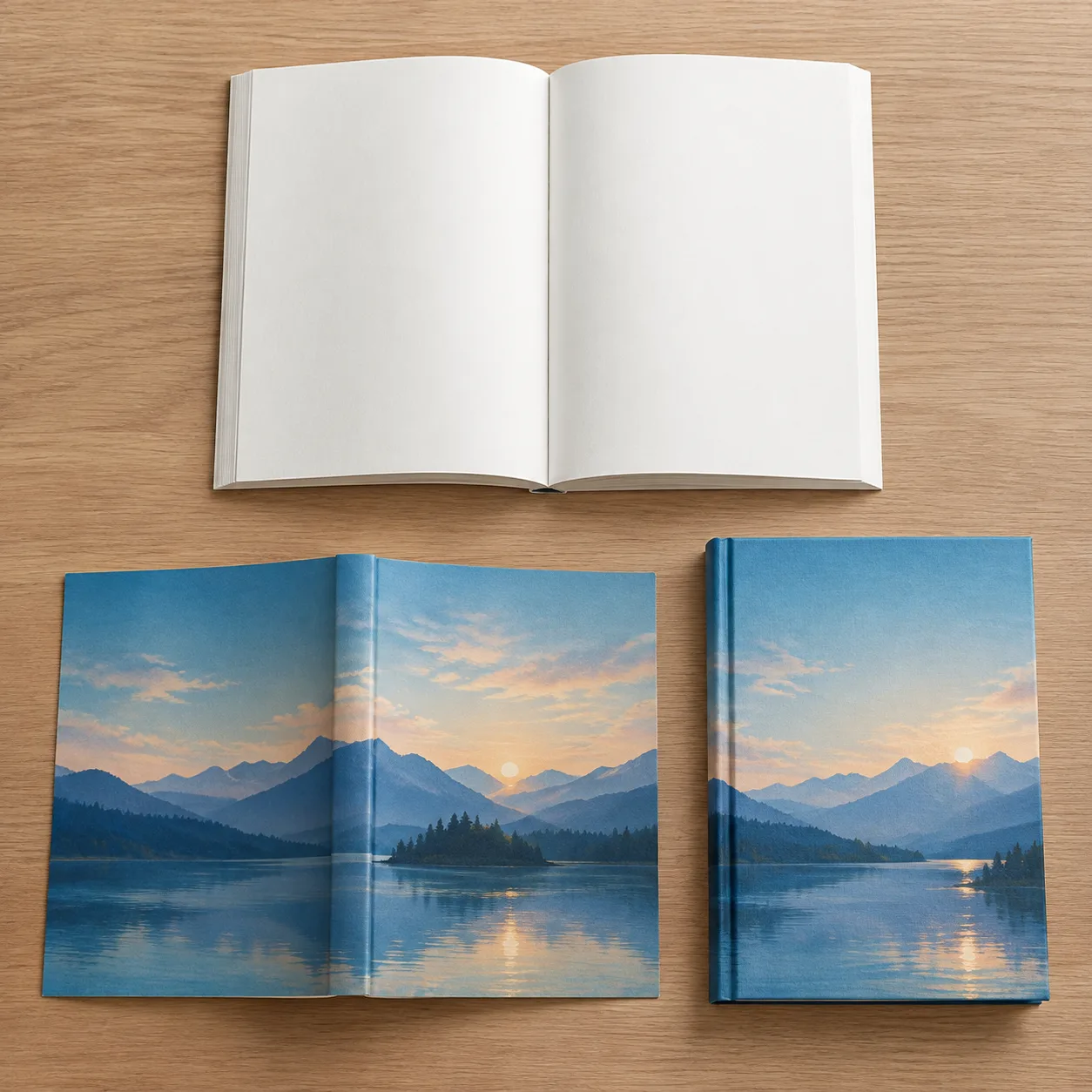 Interior pages, paperback cover and hardcover case shown as separate book production components