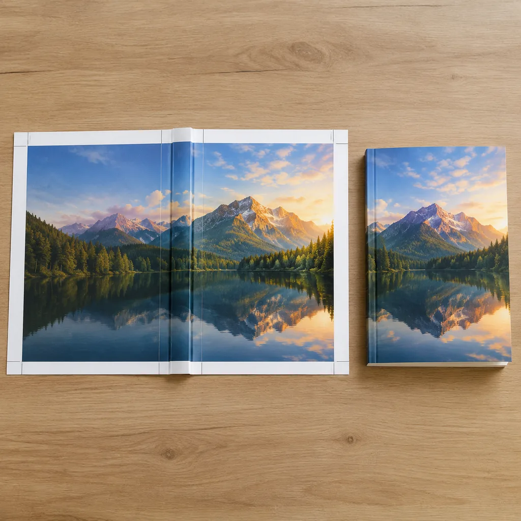 Flat paperback cover proof beside a finished book, showing back, spine and front