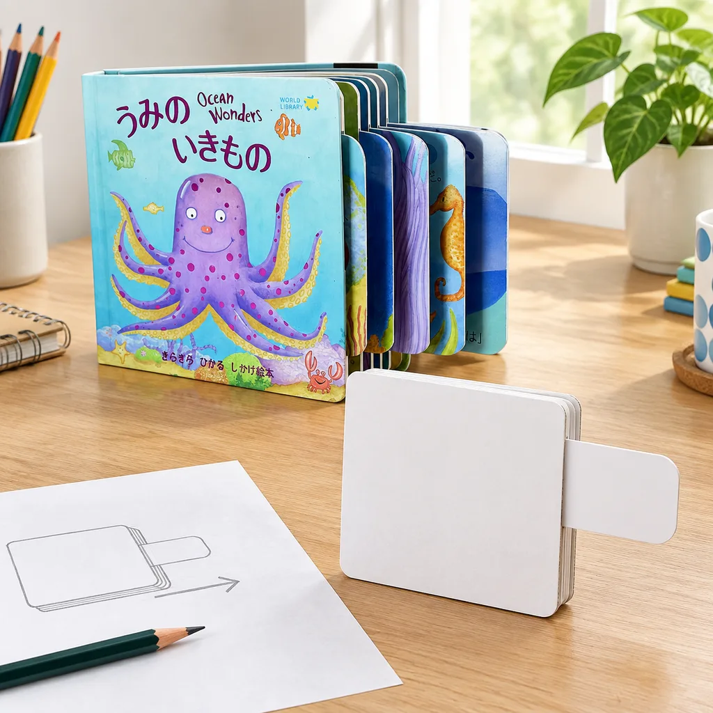 Board book example beside a separate pull-tab planning dummy