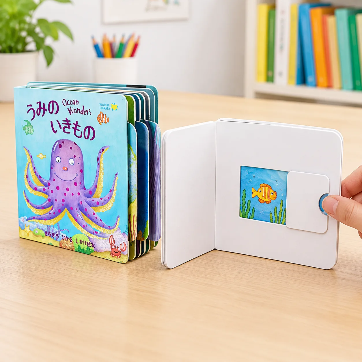 Hand testing a separate slider prototype beside a finished board book
