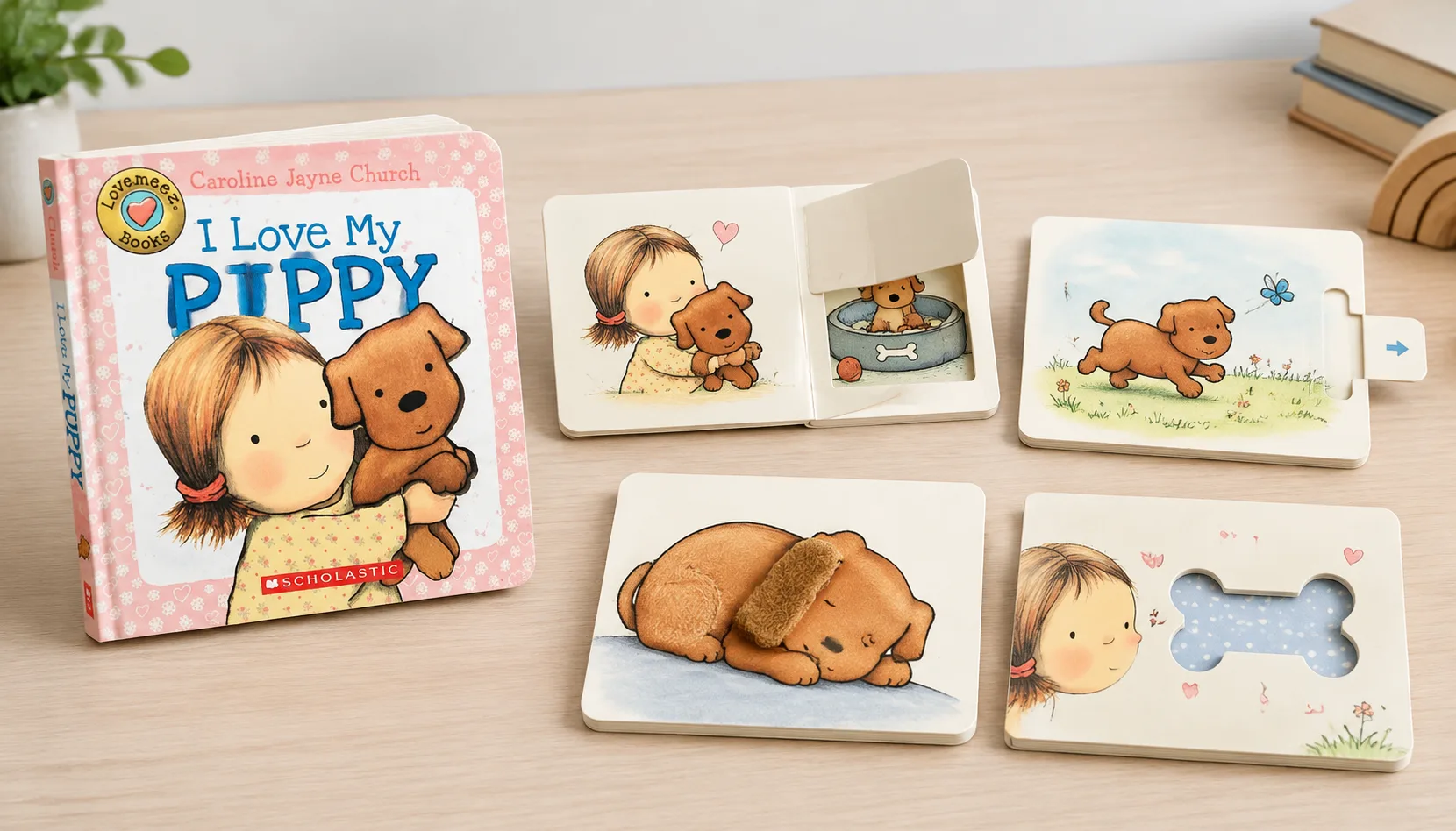 Interactive board book with sample lift-the-flap, pull-tab, tactile and die-cut features
