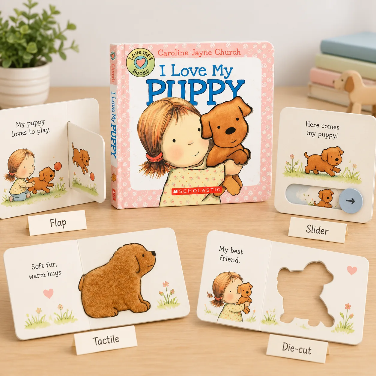 Board book printing product shown with different interactive page prototypes