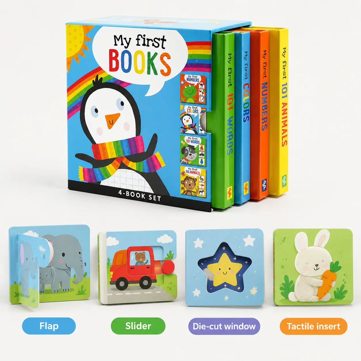 Custom board book set displayed with interactive feature samples
