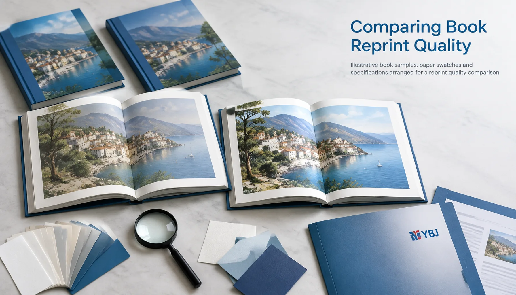 Illustrative book samples, paper swatches and specifications arranged for a reprint quality comparison