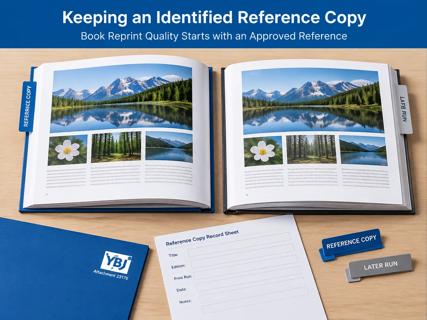 Retained reference copy and later-run book opened side by side for comparison