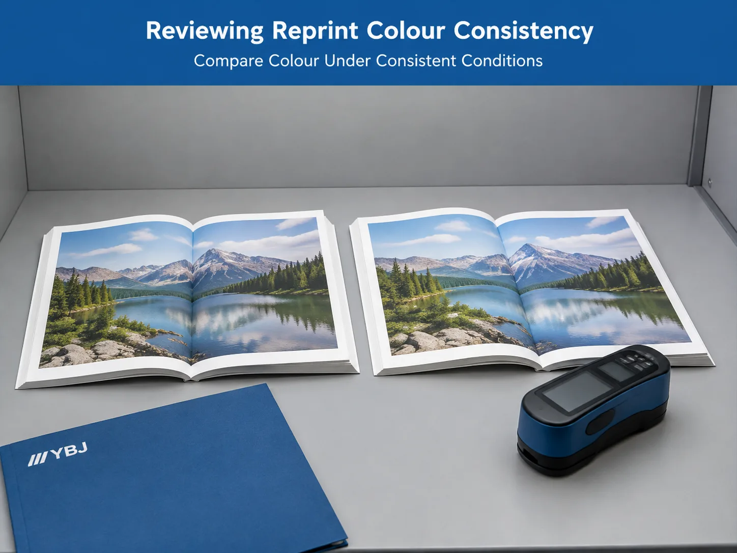Matching book spreads reviewed under controlled lighting with a colour-measurement instrument nearby