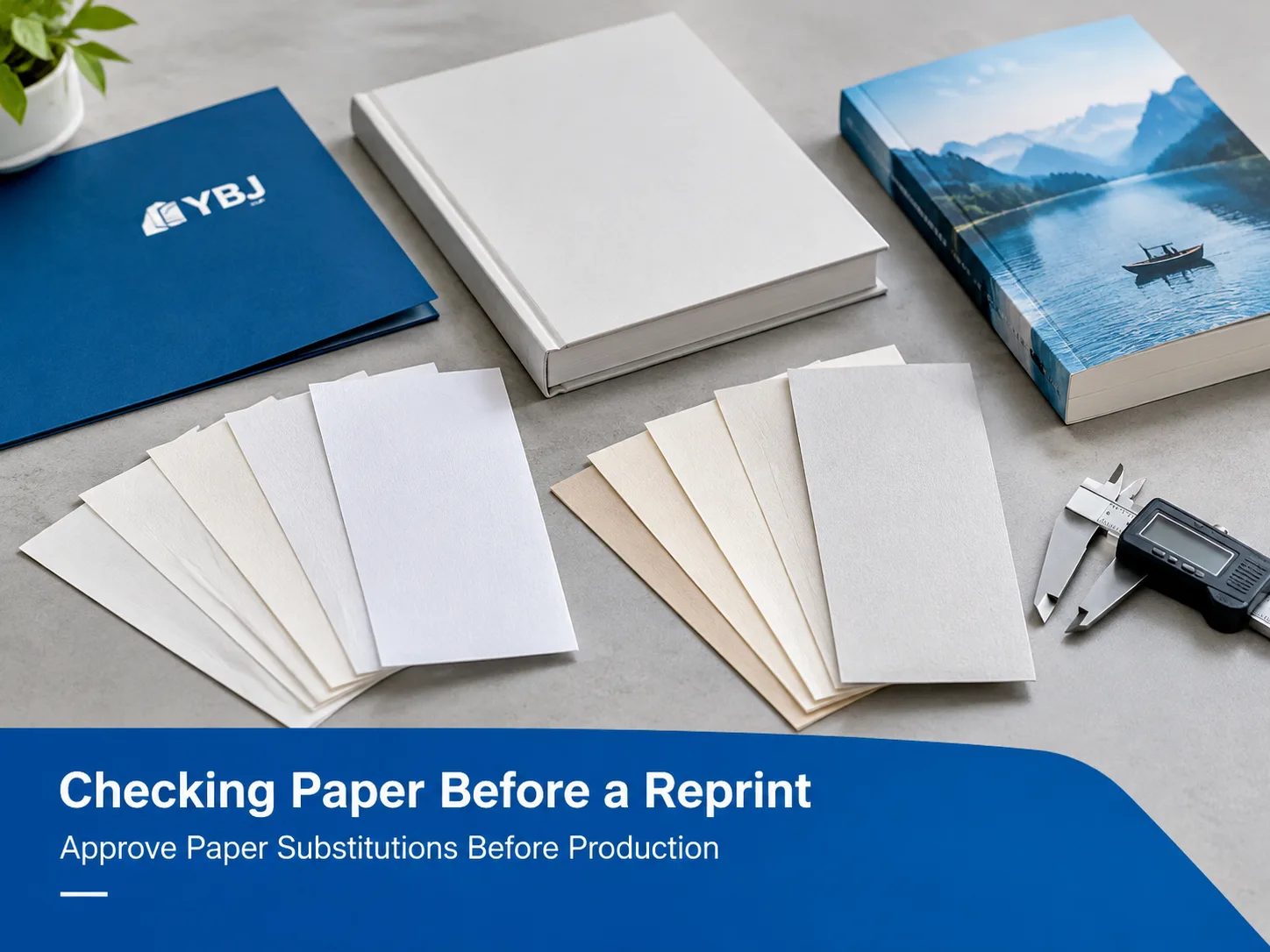 Paper swatches and a blank book dummy used to assess a proposed paper substitution