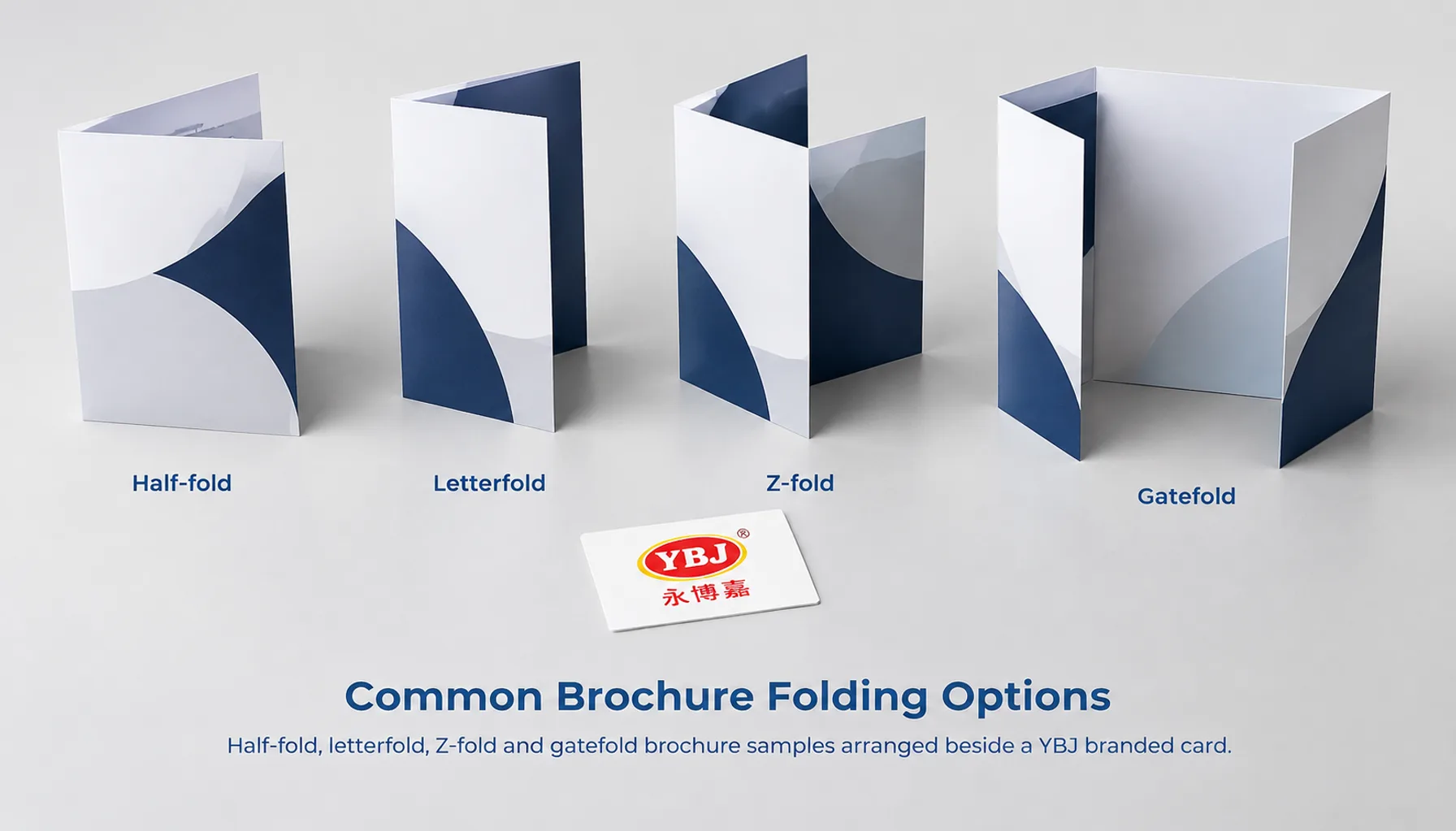 Half-fold, letterfold, Z-fold and gatefold brochure samples arranged beside a YBJ branded card.