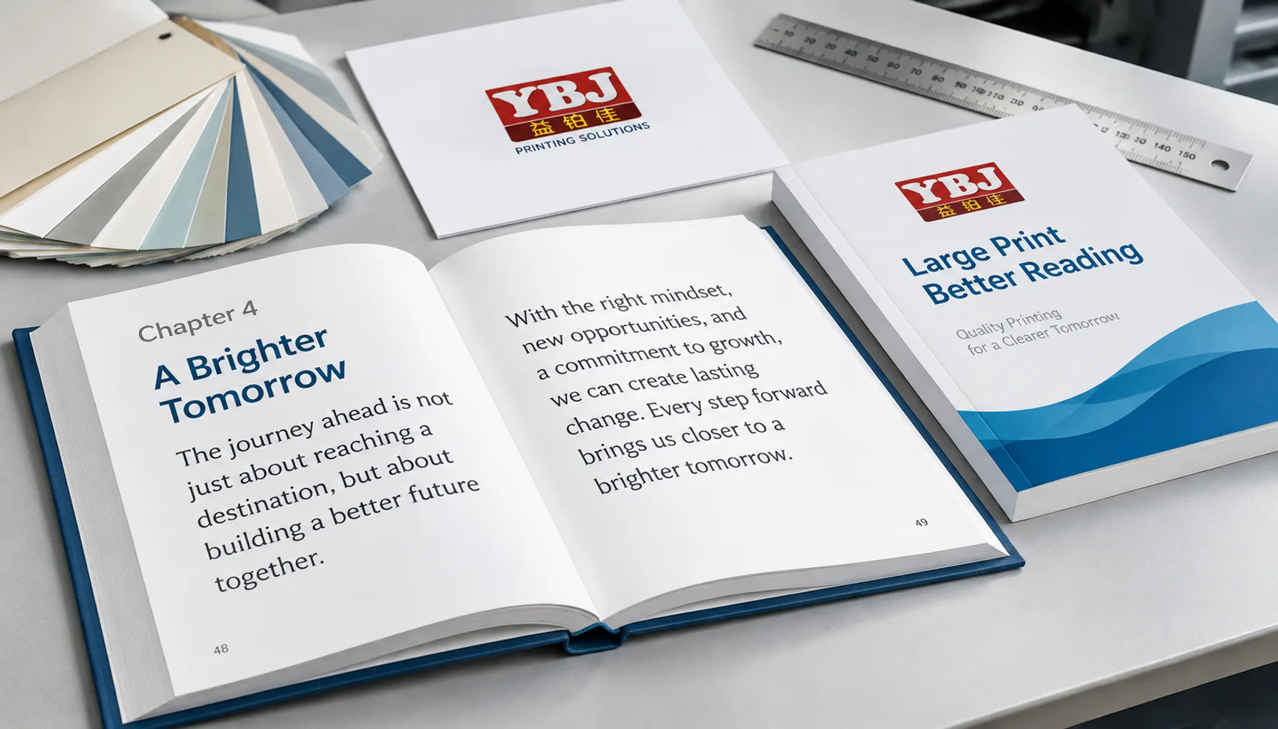 Open large print books with readable typography and paper samples on a printing production table