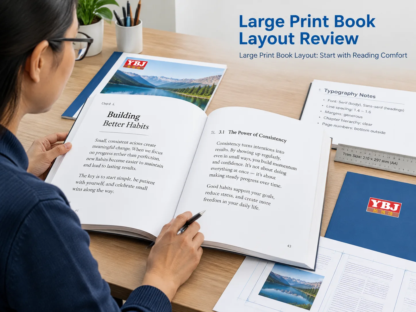 Designer reviewing line spacing, margins and typography in a large print book layout