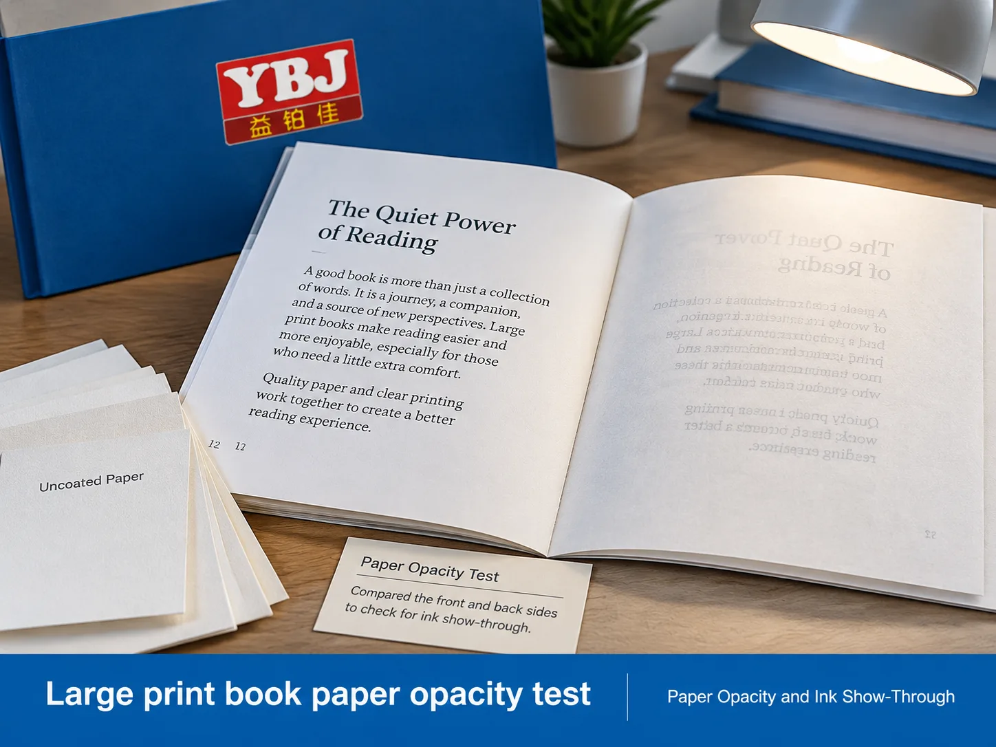 Paper opacity test for large print book pages viewed under reading light