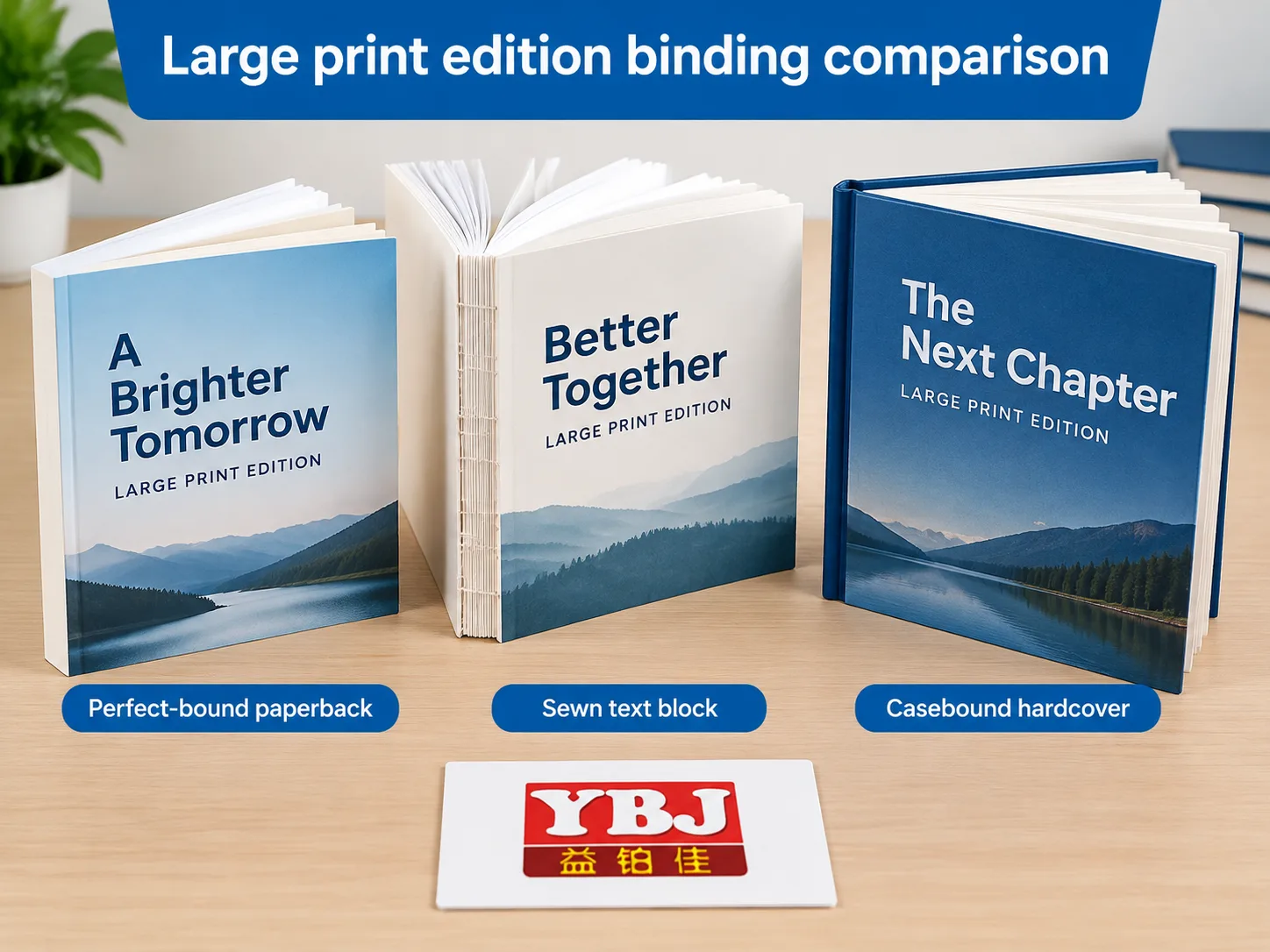 Comparison of paperback, sewn and casebound options for a large print edition