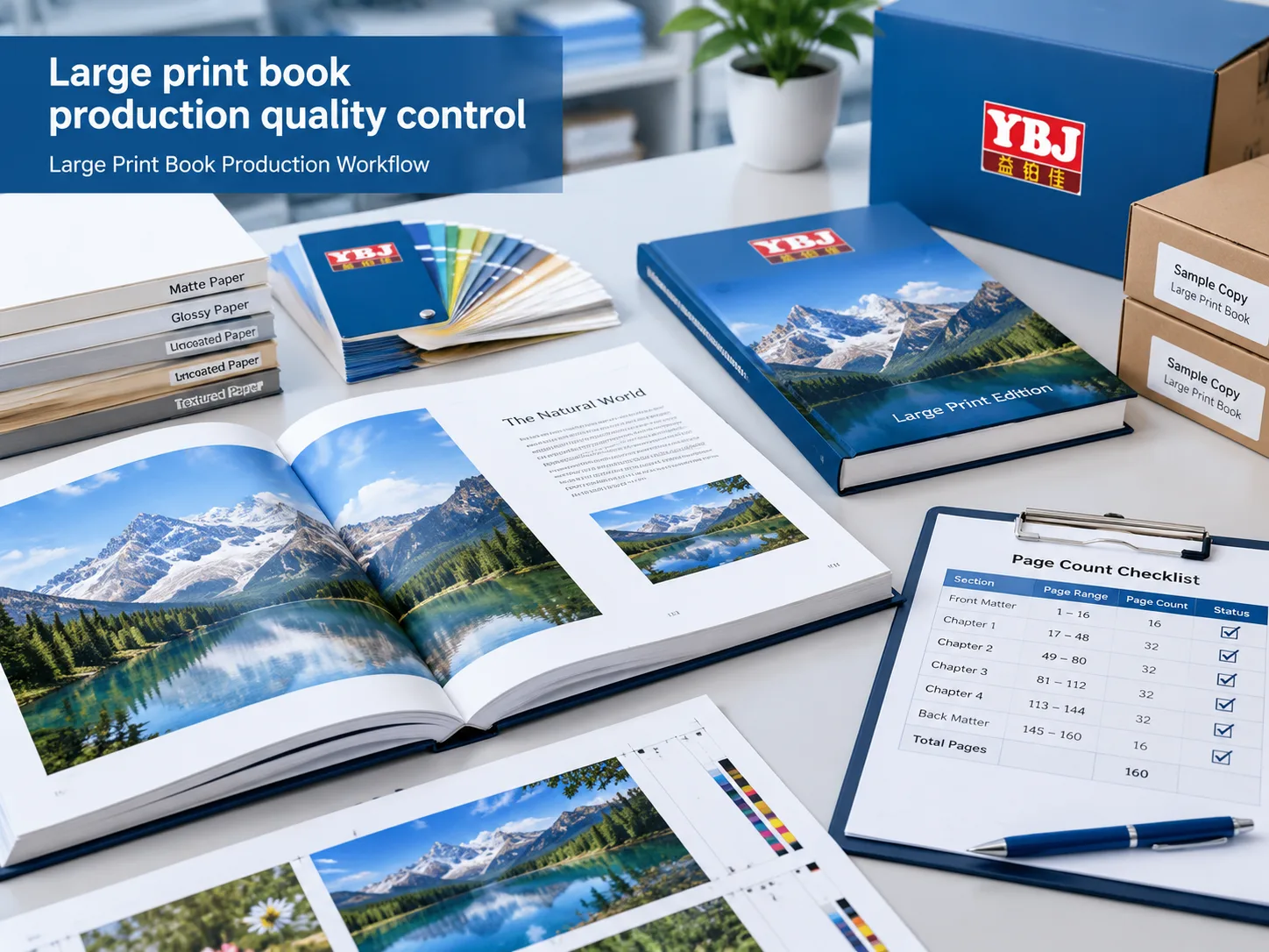 Quality-control table with large print book proofs, paper samples and production checklist