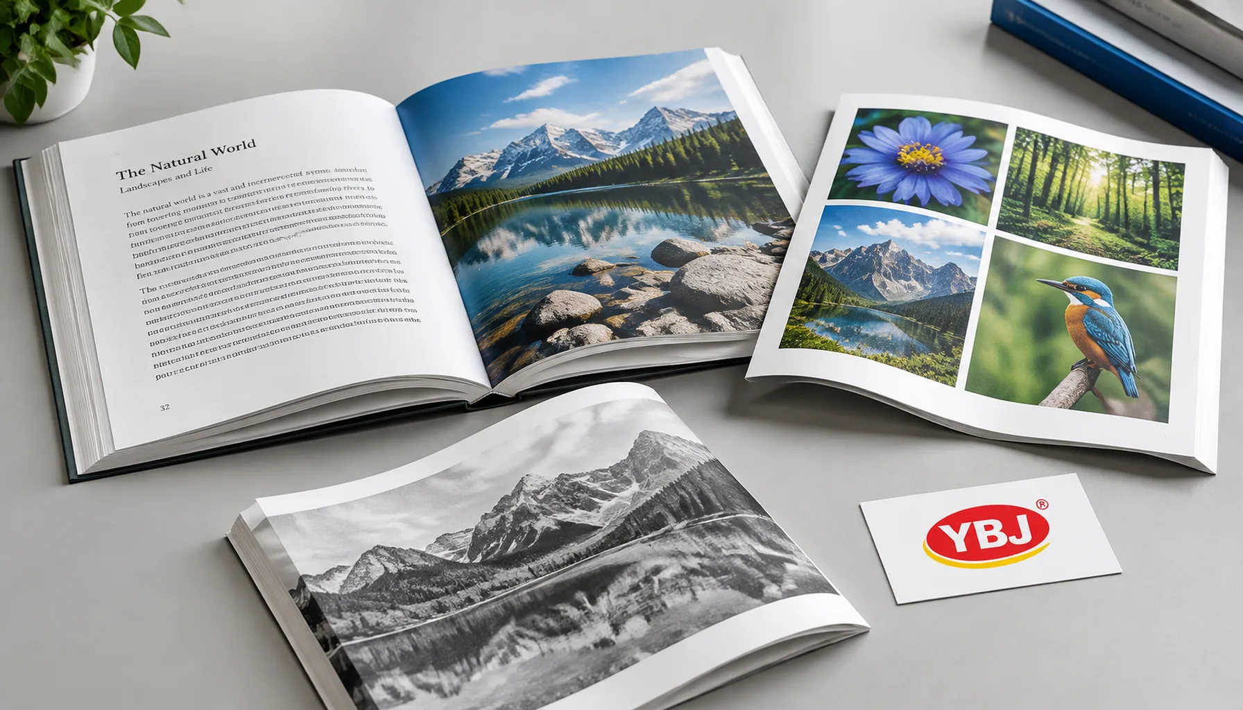 Illustrative monochrome book pages and a color plate section arranged for production planning beside a YBJ logo card