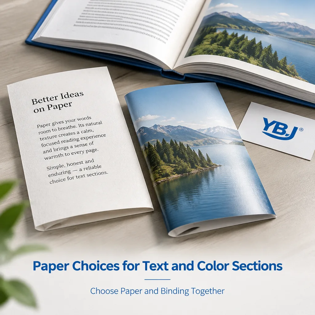 Illustrative uncoated text and coated color paper sections beside a bound book and YBJ logo sample card